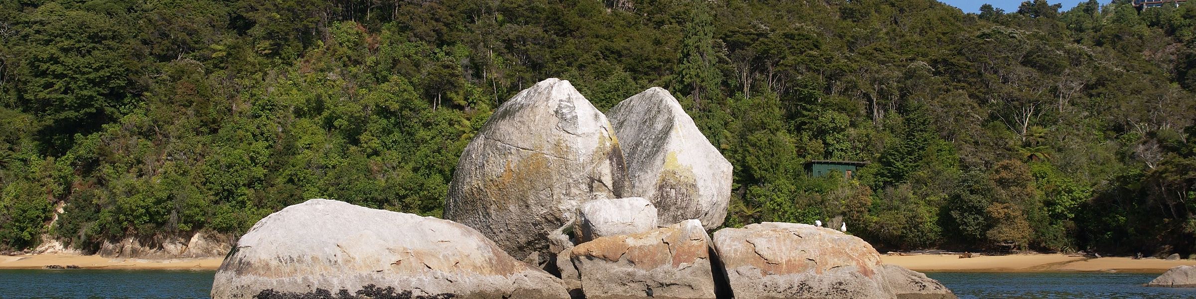 Granite boulders on the shore at Kaiteriteri, native bush behind