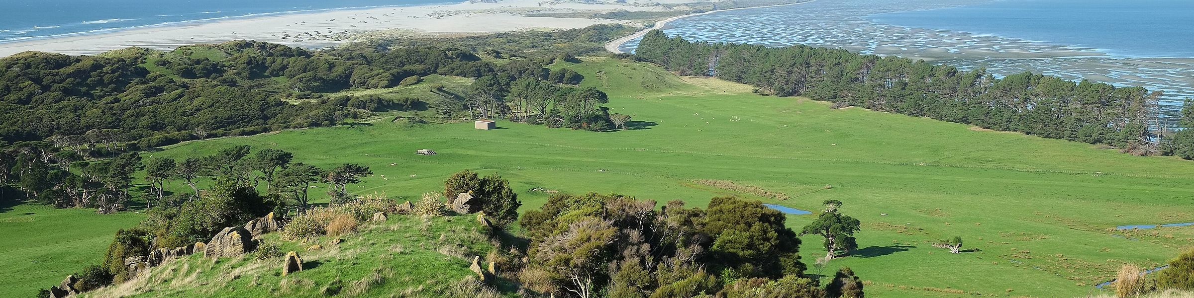 Farmland on the hills above Pūponga looking out along Farewell Spit